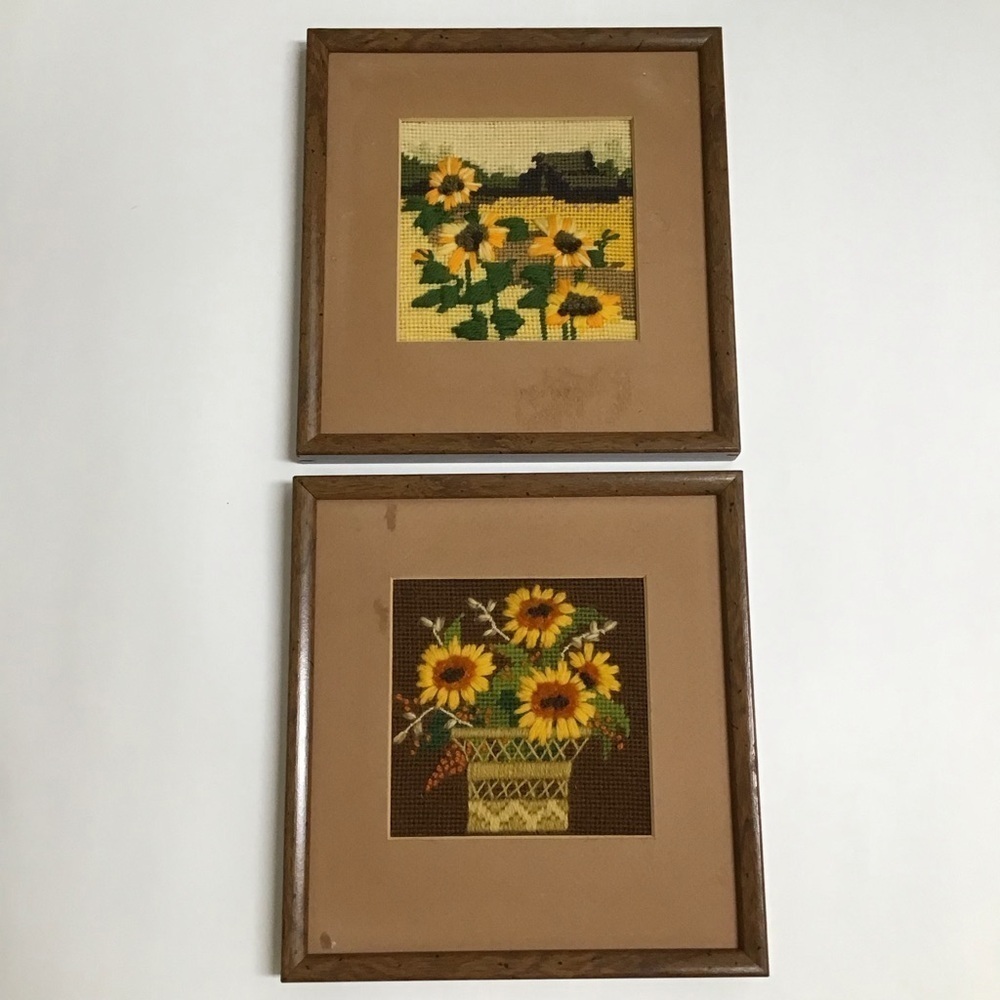 Sunflowers Needlepoint PAIR Wool Crewel Work 1979 Framed Art Farmhouse Landscape
